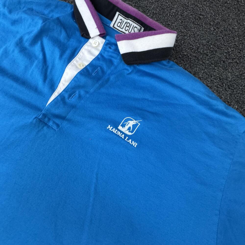 Aureus Polo Shirt Mens M Blue Short Sleeve Collared Golf Contrasting Trim Logo